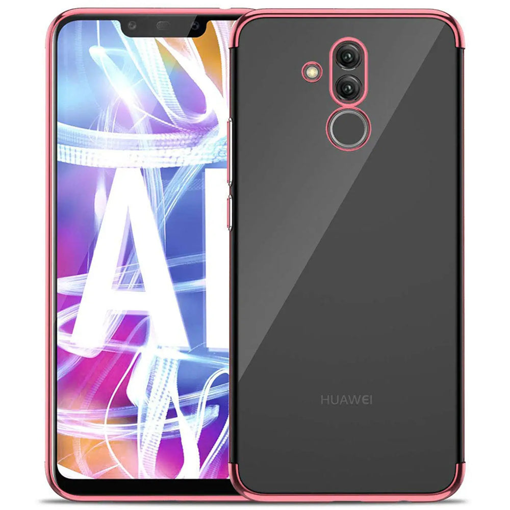 Huawei Mate 20 Lite mit roségoldener Hülle, klare Rückseite, Vorder- und Rückansicht
