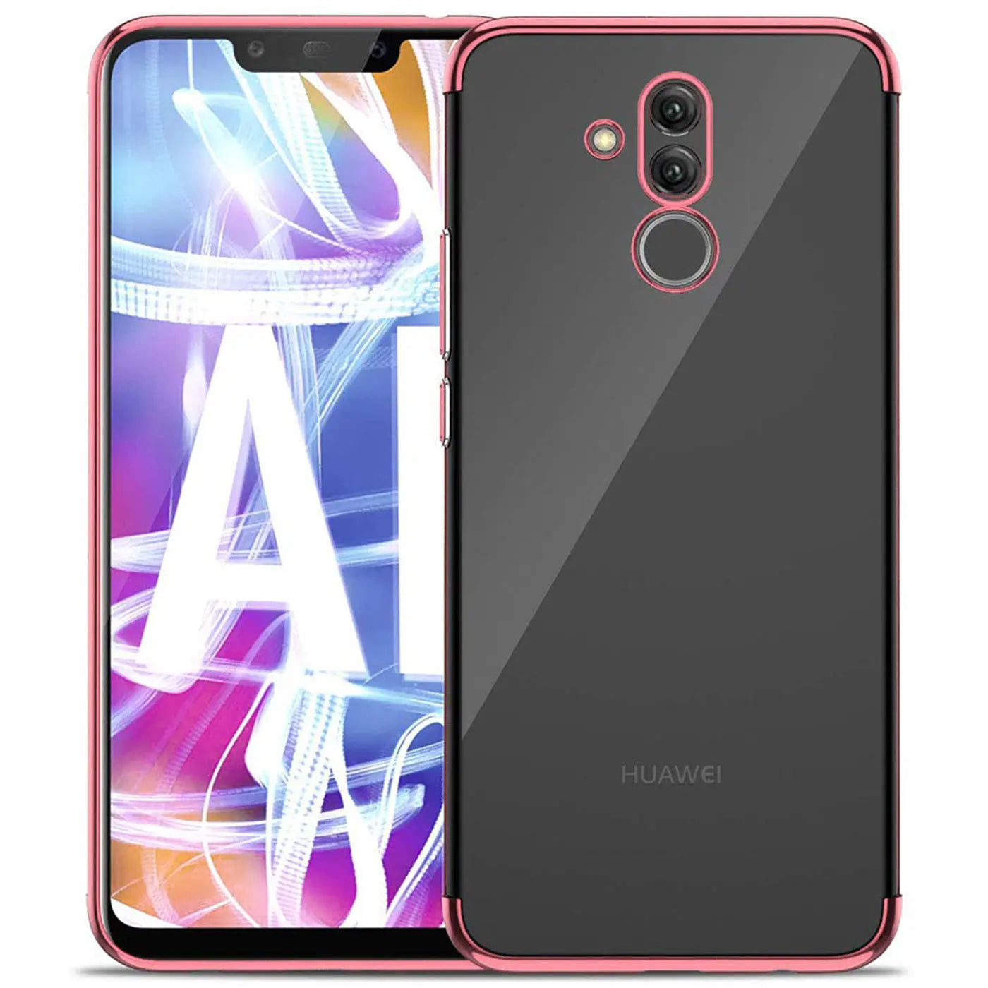 Huawei Mate 20 Lite mit roségoldener Hülle, klare Rückseite, Vorder- und Rückansicht