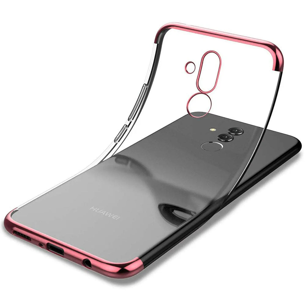 Transparente Hülle mit rotem Rand für Huawei Mate 20 Lite, aus Kunststoff, von oben schräg fotografiert.