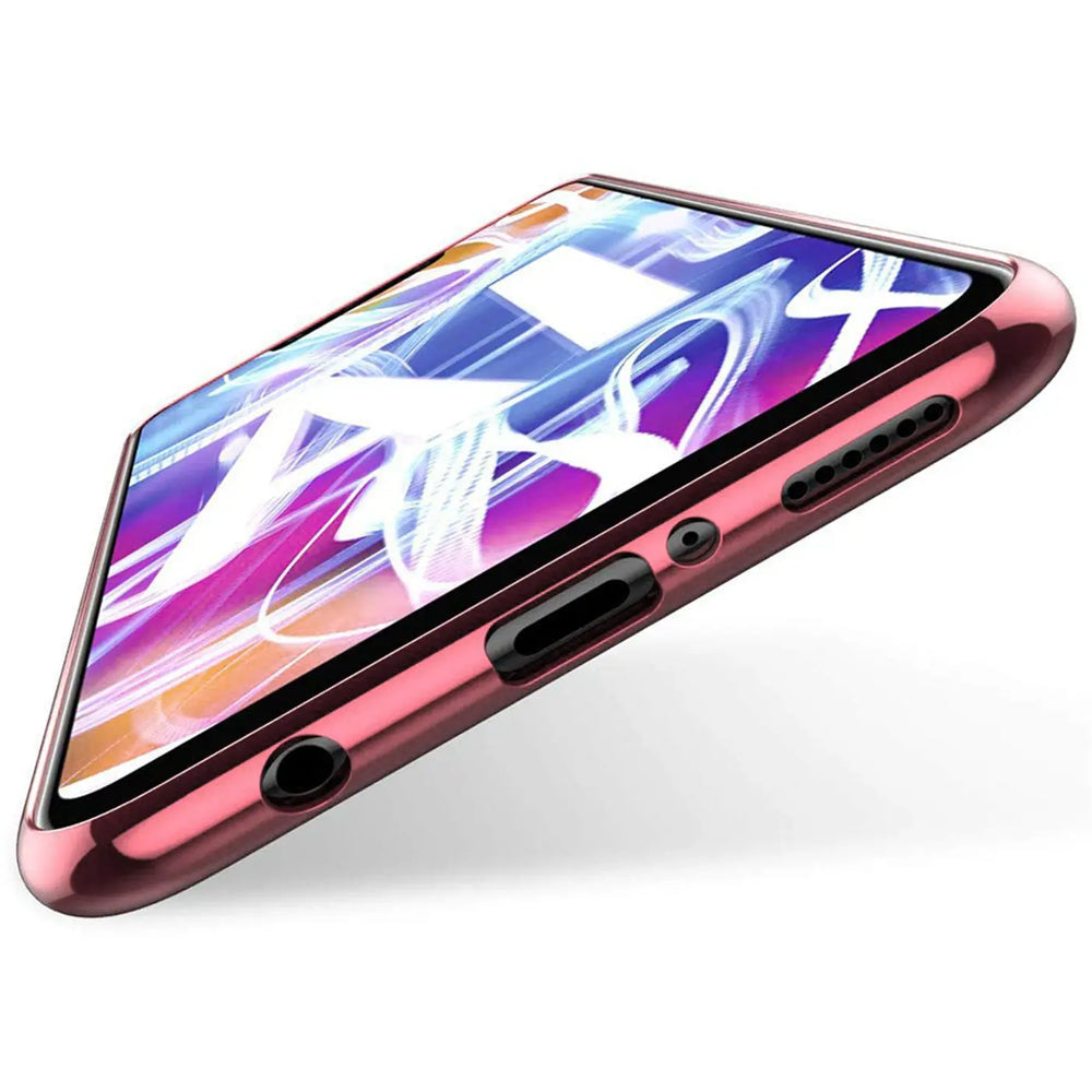 Rosa Hülle mit transparentem Einsatz und Farbrand, seitliche Ansicht, Huawei Mate 20 Lite.