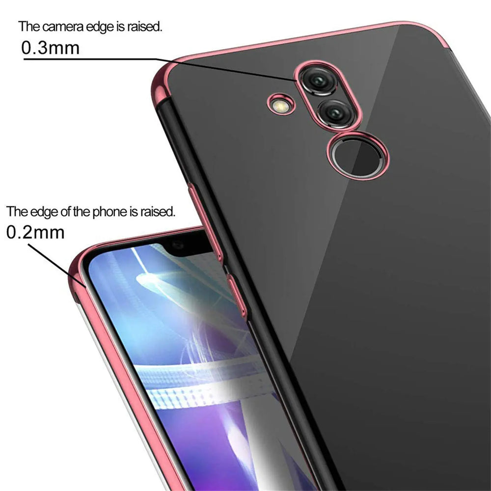 Huawei Mate 20 Lite Hülle, transparent mit roségoldenem Rand, Rückansicht, Nahaufnahme.