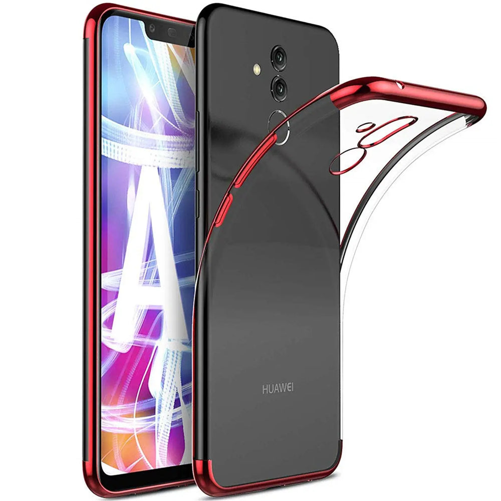 Huawei Mate 20 Lite mit roter Hülle, transparent, von vorne und hinten gezeigt