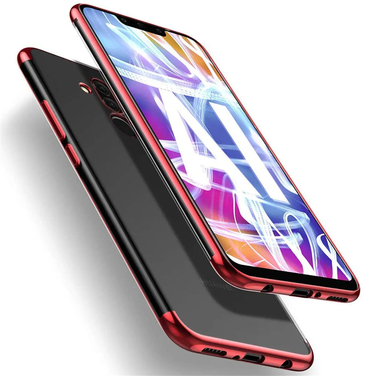 Transparente Handyhülle für Huawei Mate 20 Lite mit farblichen Akzenten in Schwarz, Rot, Blau oder Roségold.