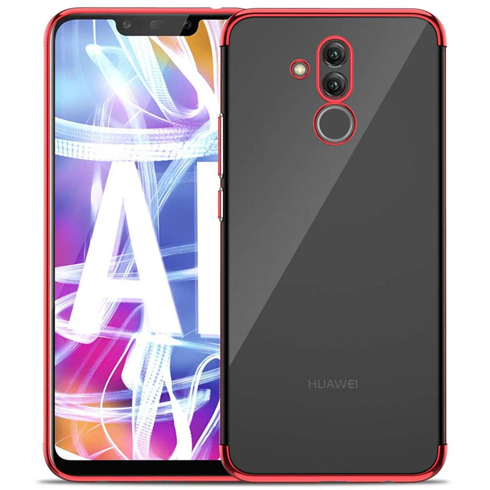 Huawei Mate 20 Lite mit roter Hülle, klare Rückseite, Vorder- und Rückansicht.