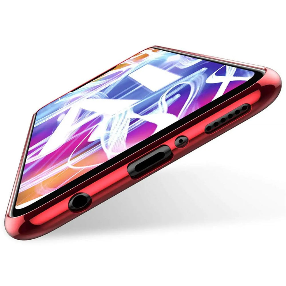 Rote Hülle mit transparentem Rückteil, seitliche Ansicht, Huawei Mate 20 Lite.