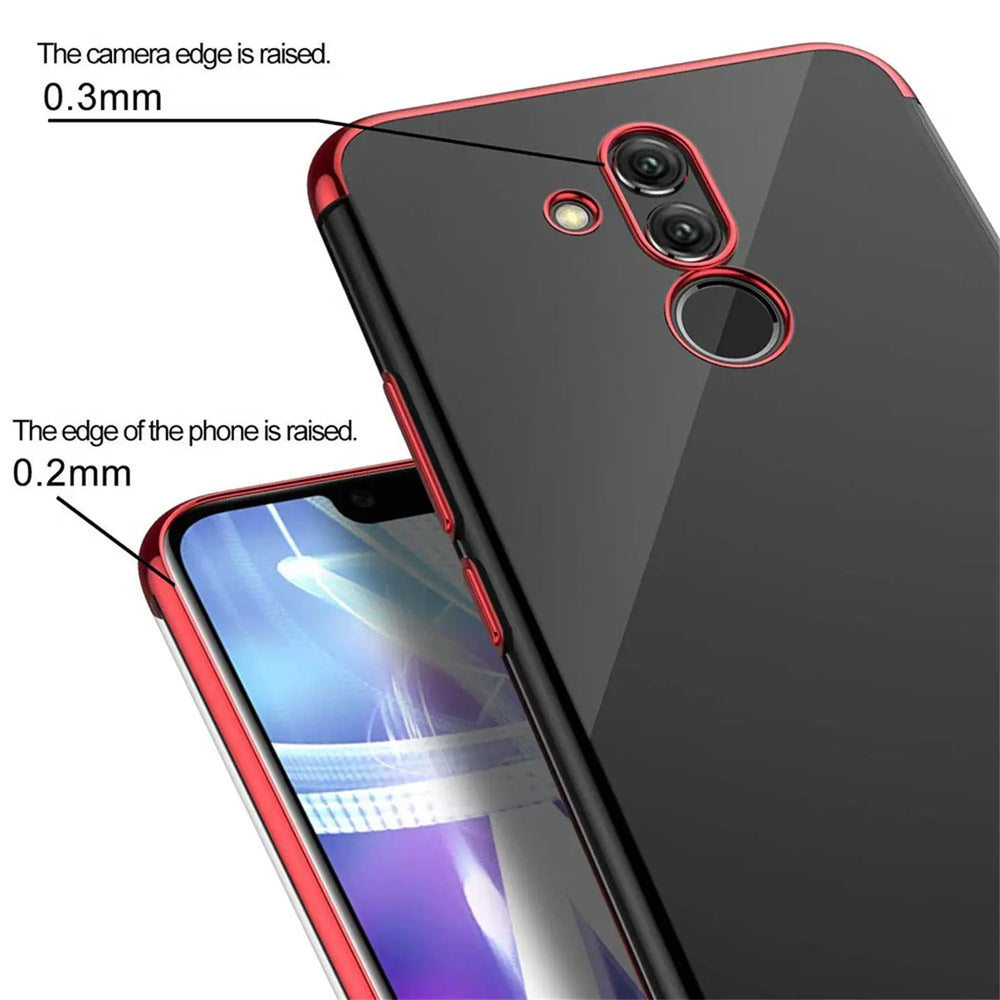 Transparente Handyhülle für Huawei Mate 20 Lite mit farblichen Akzenten in Schwarz, Rot, Blau oder Roségold.