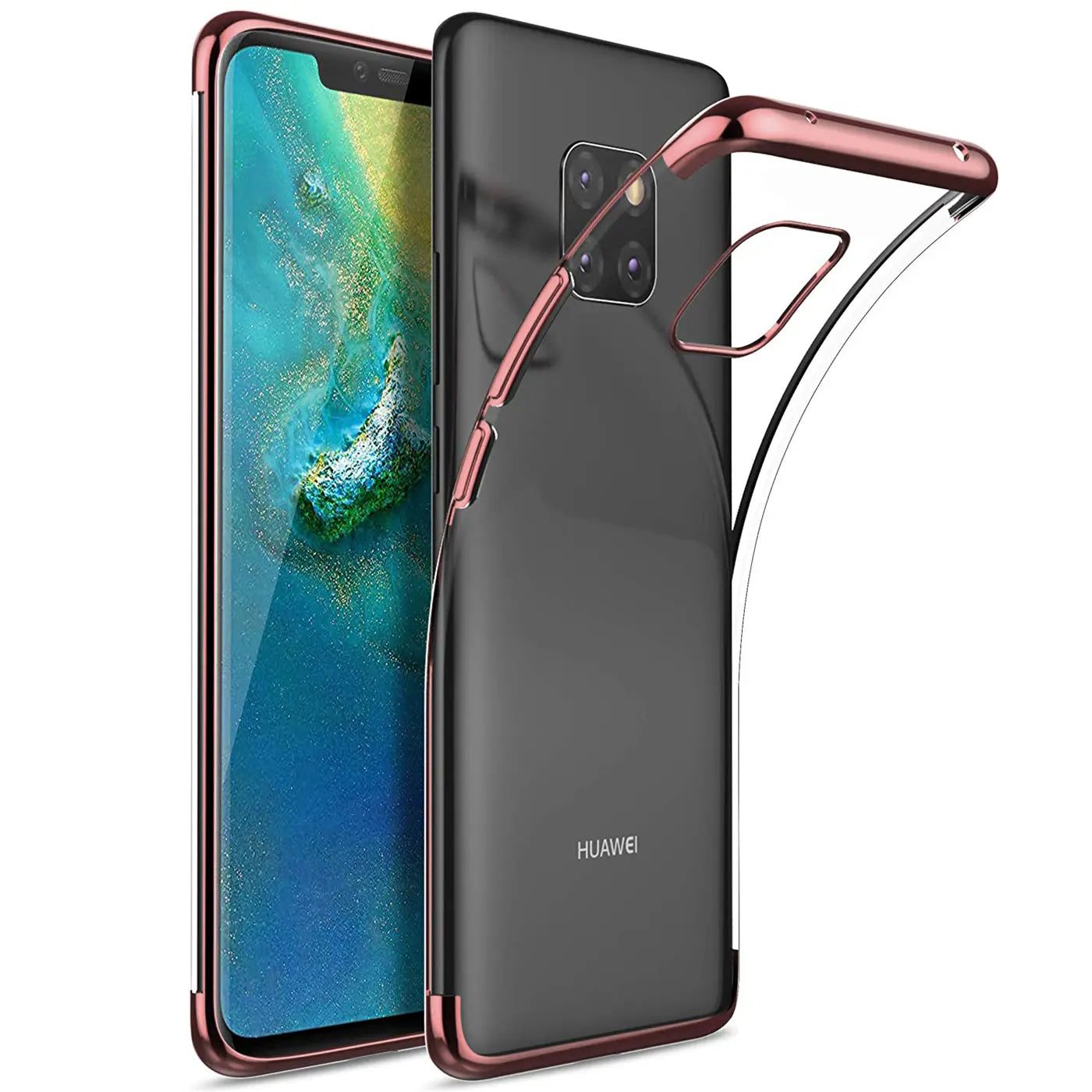Klarhülle mit roségoldenem Rand für Huawei Mate 20 Pro, von vorne und hinten gezeigt.
