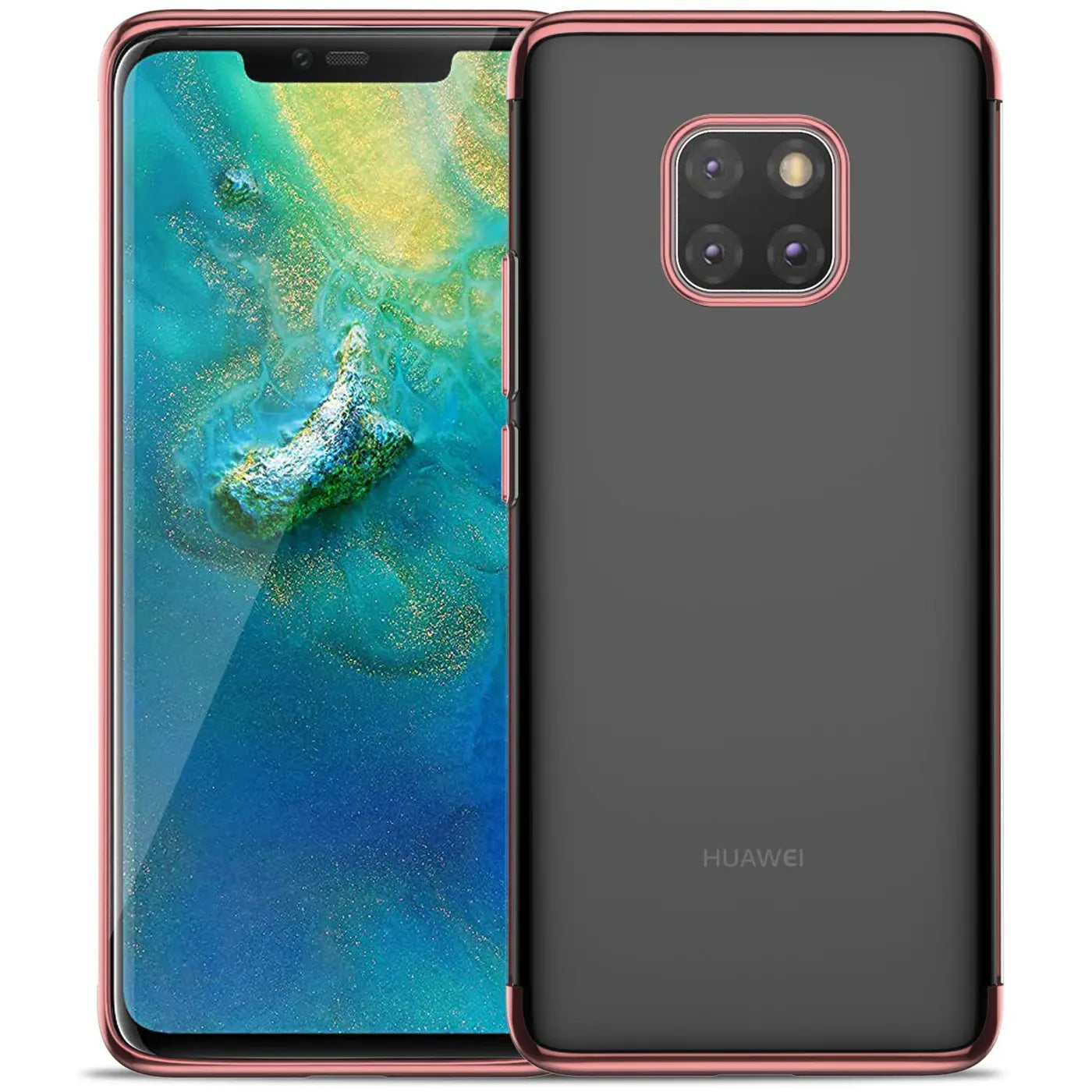 Huawei Mate 20 Pro mit transparenter Hülle und roségoldenem Rand, von vorne und hinten gezeigt.