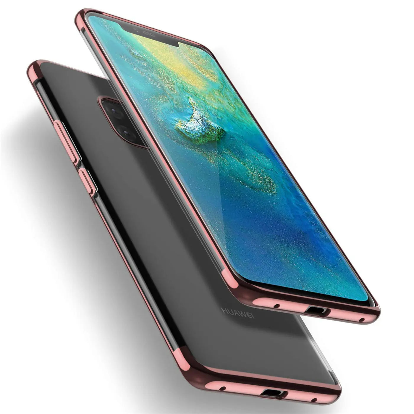 Huawei Mate 20 Pro in transparenter Hülle mit roségoldenem Rand, von schräg oben fotografiert.