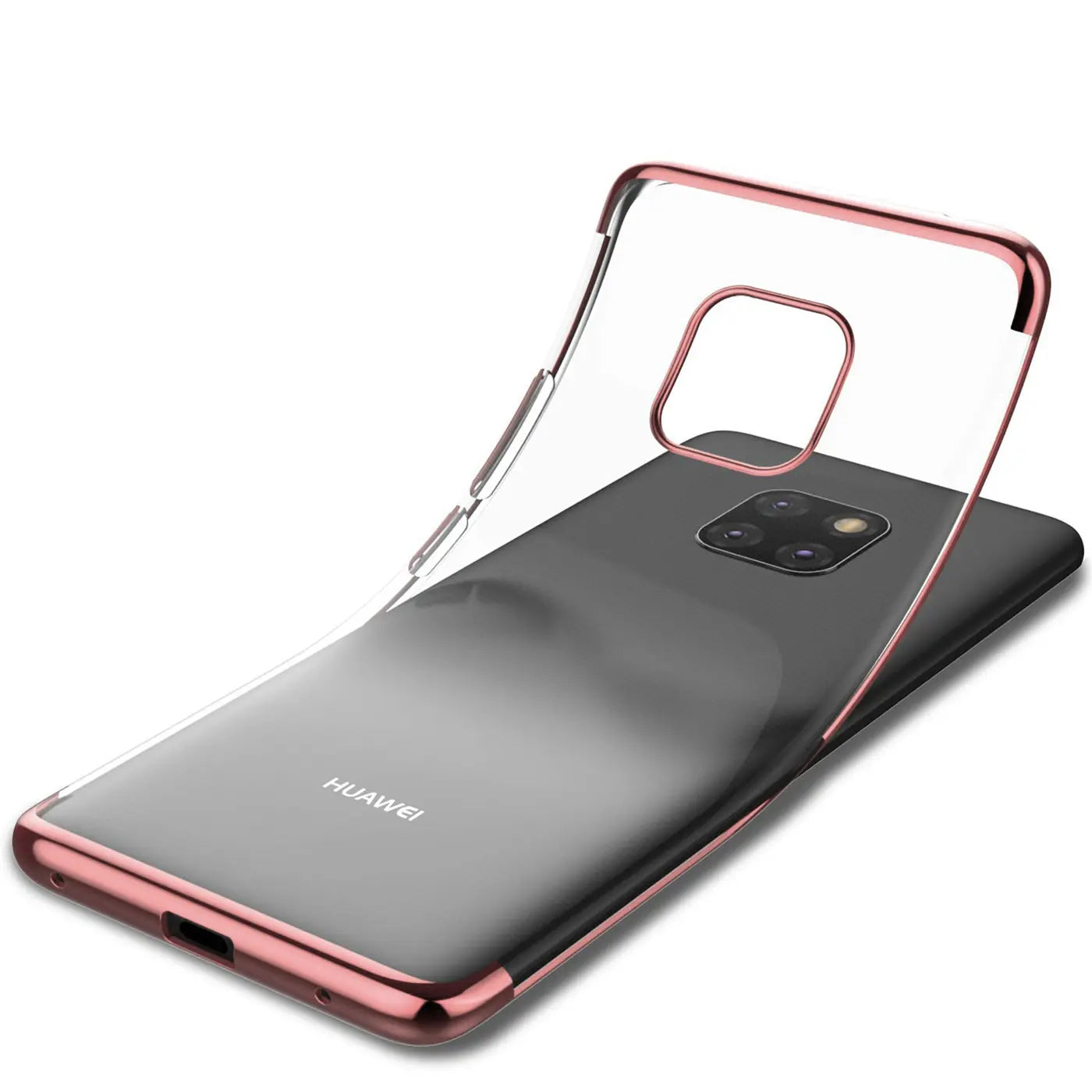Huawei Mate 20 Pro mit transparenter Hülle, roségoldenem Rand, von schräg oben