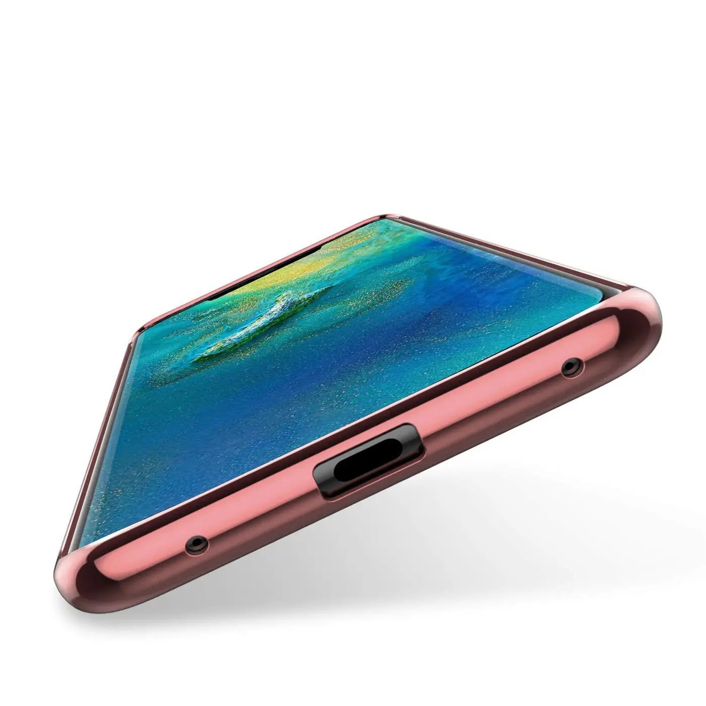 Huawei Mate 20 Pro in roségoldener Hülle, von schräg unten, mit klarem Rückenteil.