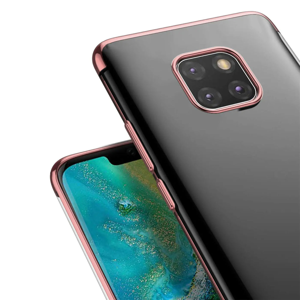 Transparente Handyhülle für Huawei Mate 20 Pro mit farblichen Akzenten in Schwarz, Rot, Blau oder Roségold.