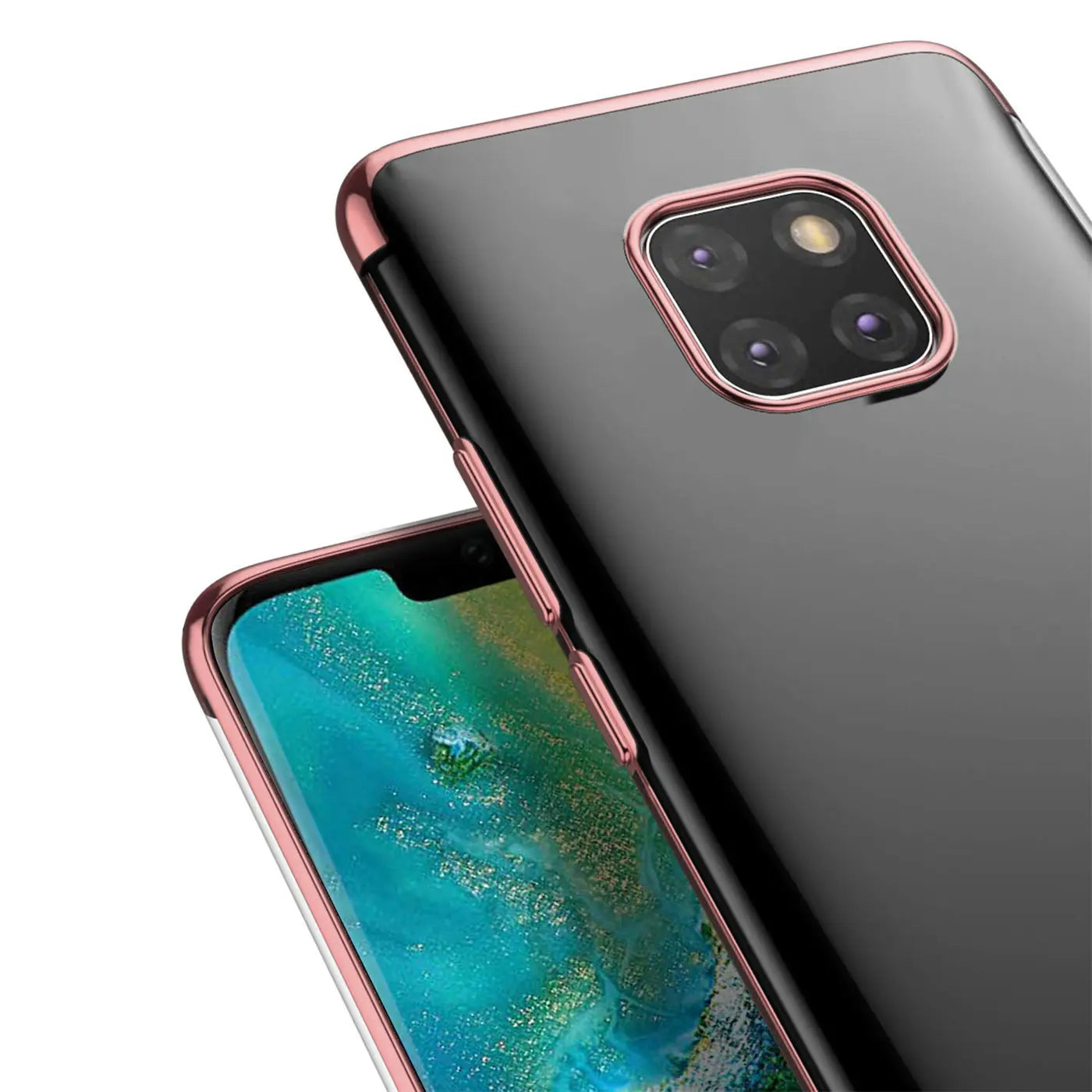 Huawei Mate 20 Pro Hülle, transparent mit roségoldenem Rand, Rückansicht und Vorderseite