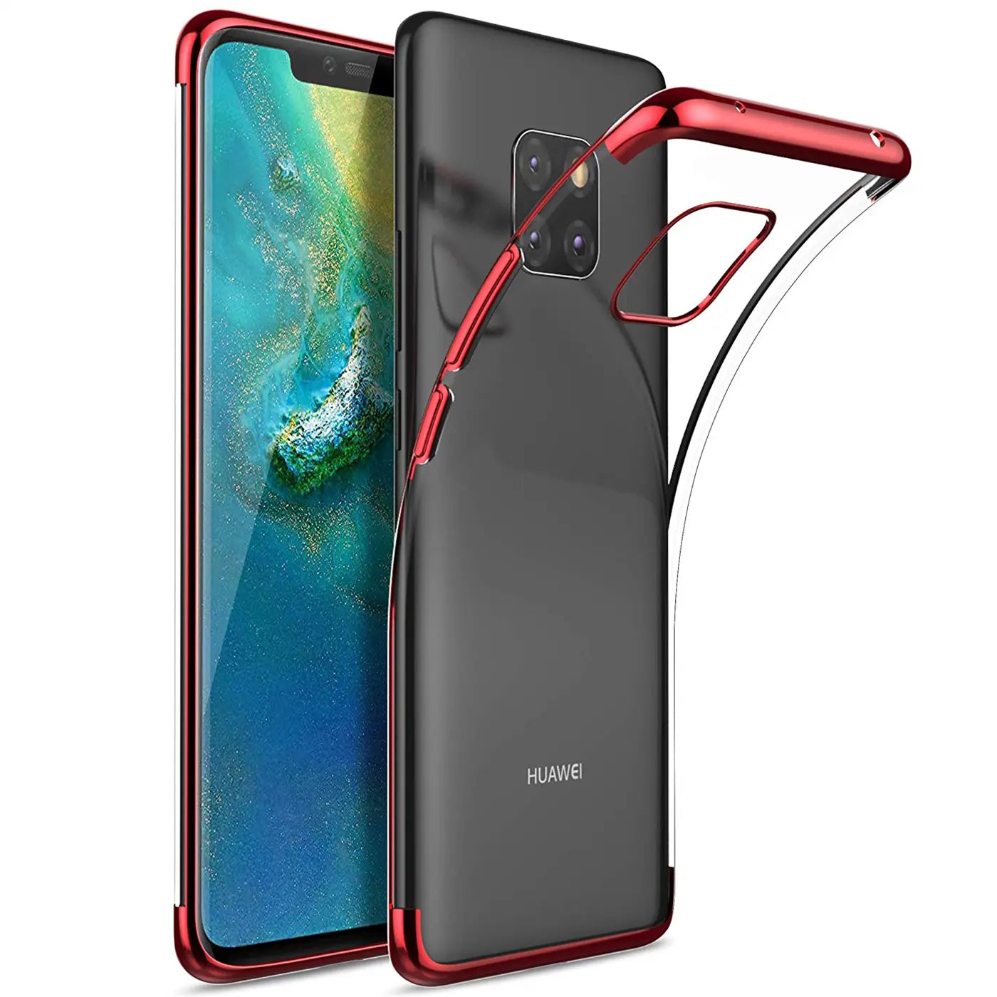 Huawei Mate 20 Pro mit roter Hülle, klare Rückseite, von vorne links gezeigt.