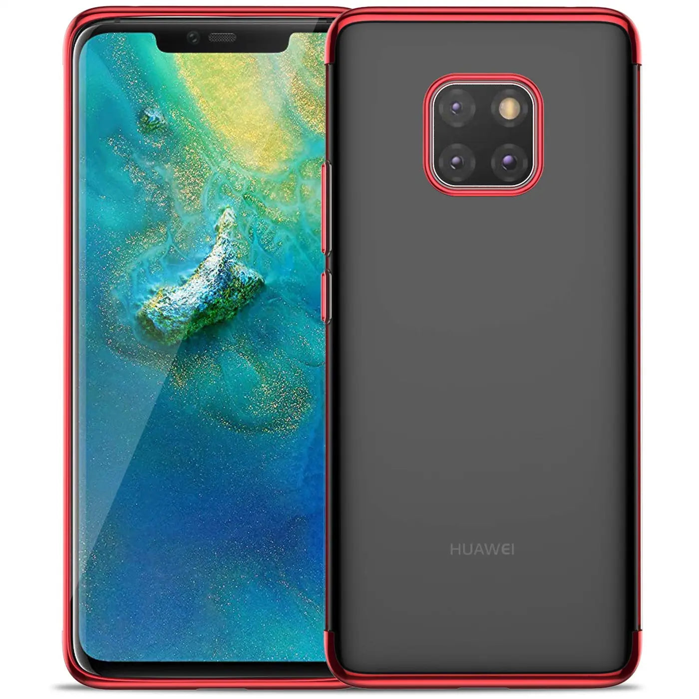 Huawei Mate 20 Pro mit roter Hülle, klare Rückseite, von vorne und hinten gezeigt.