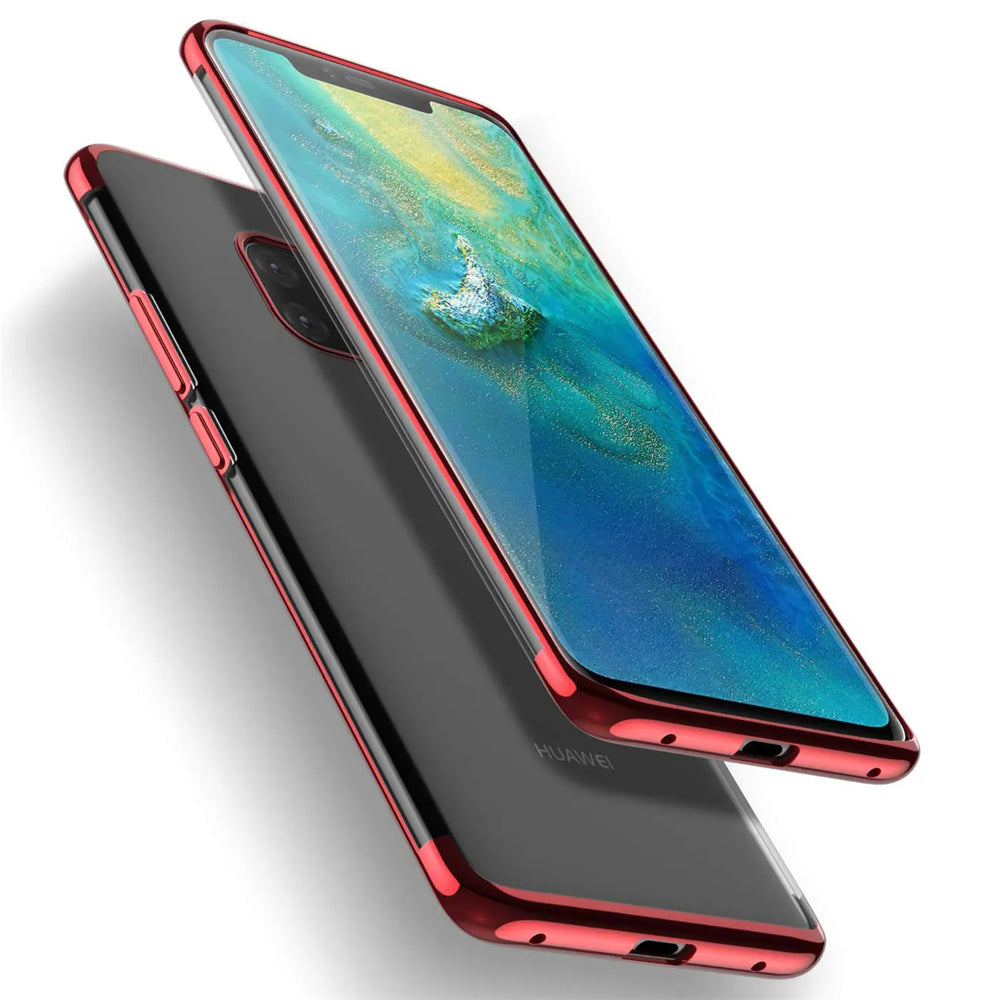 Transparente Handyhülle für Huawei Mate 20 Pro mit farblichen Akzenten in Schwarz, Rot, Blau oder Roségold.