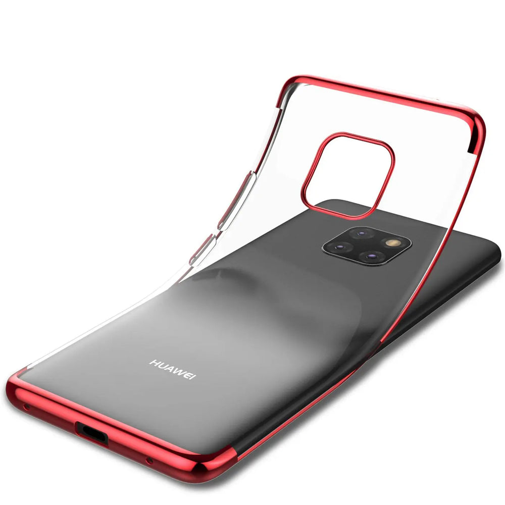 Transparente Handyhülle für Huawei Mate 20 Pro mit farblichen Akzenten in Schwarz, Rot, Blau oder Roségold.