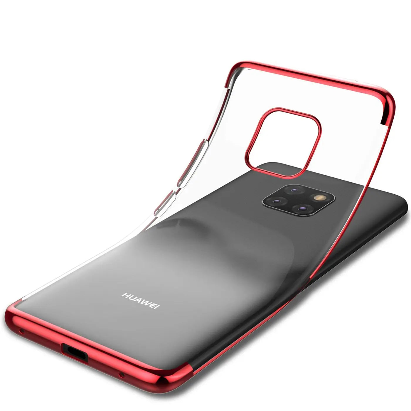 Huawei Mate 20 Pro mit roter Hülle, klare Rückseite, von schräg oben