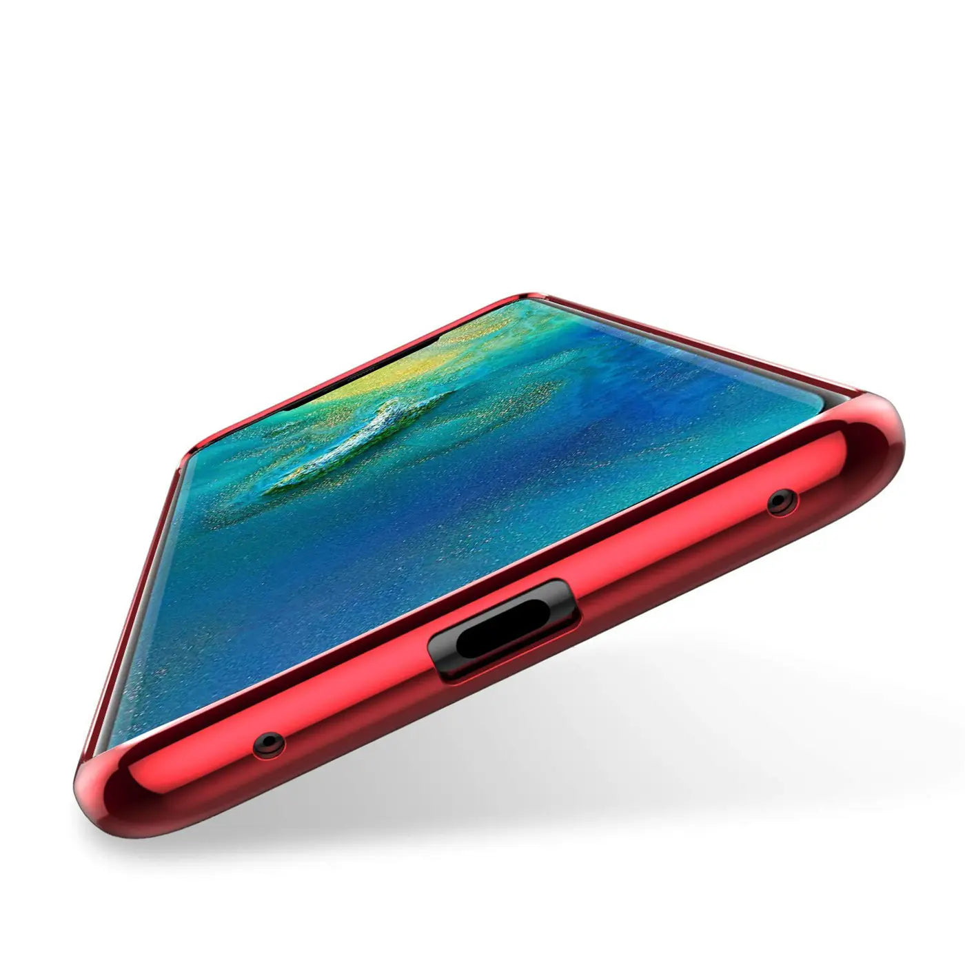 Rote Hülle mit transparentem Mittelteil für Huawei Mate 20 Pro, Seitenansicht.