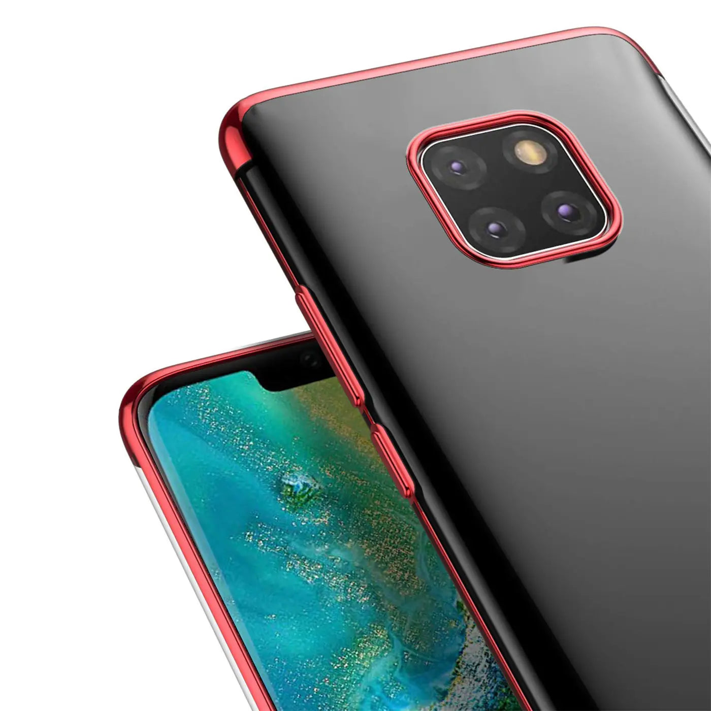 Huawei Mate 20 Pro Hülle, transparent mit rotem Rand, Nahaufnahme, Rückseite und Vorderseite sichtbar.