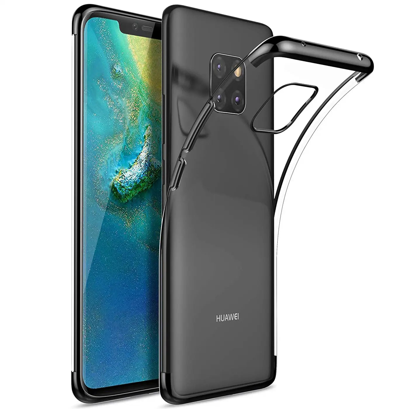 Huawei Mate 20 Pro mit transparenter Hülle, schwarzer Rand, von vorne und hinten gezeigt.