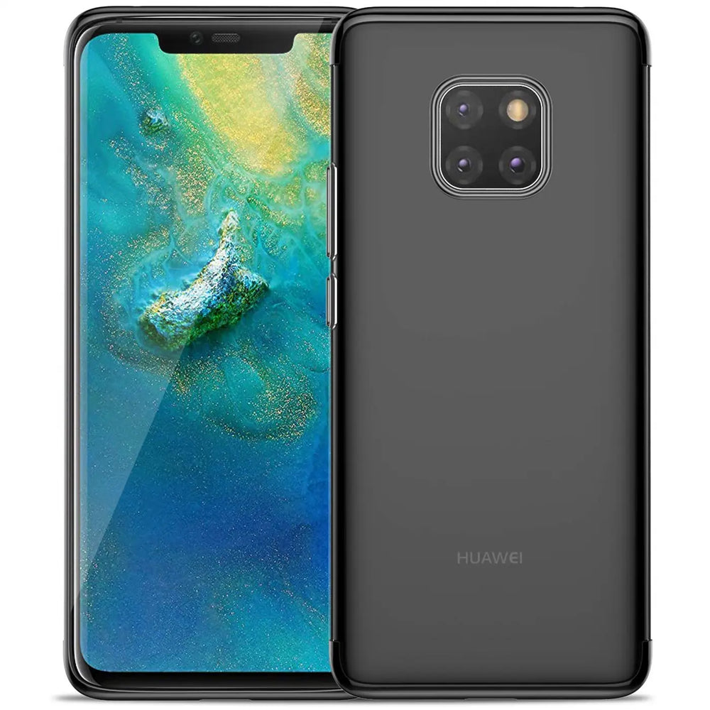 Transparente Handyhülle für Huawei Mate 20 Pro mit farblichen Akzenten in Schwarz, Rot, Blau oder Roségold.