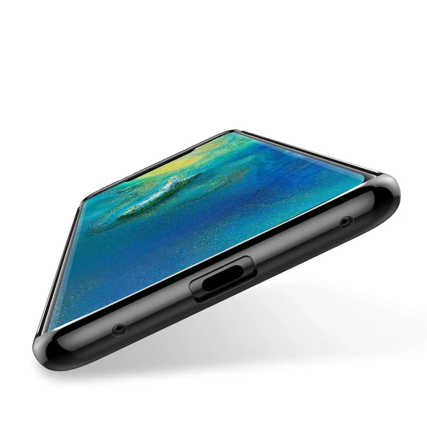 Huawei Mate 20 Pro in schwarzer Hülle, von schräg oben, klare Rückseite, farbiger Rand.
