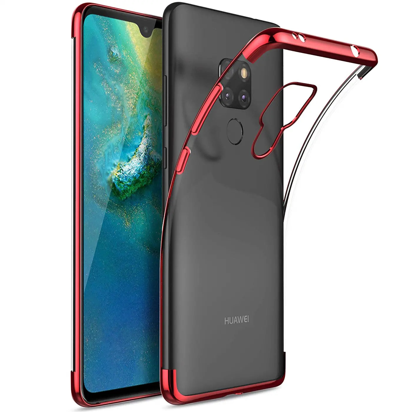 Huawei Mate 20 mit roter Hülle, klare Rückseite, von vorne und hinten gezeigt.