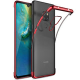 Transparente Handyhülle für Huawei Mate 20 mit farblichen Akzenten in Schwarz, Rot, Blau oder Roségold.