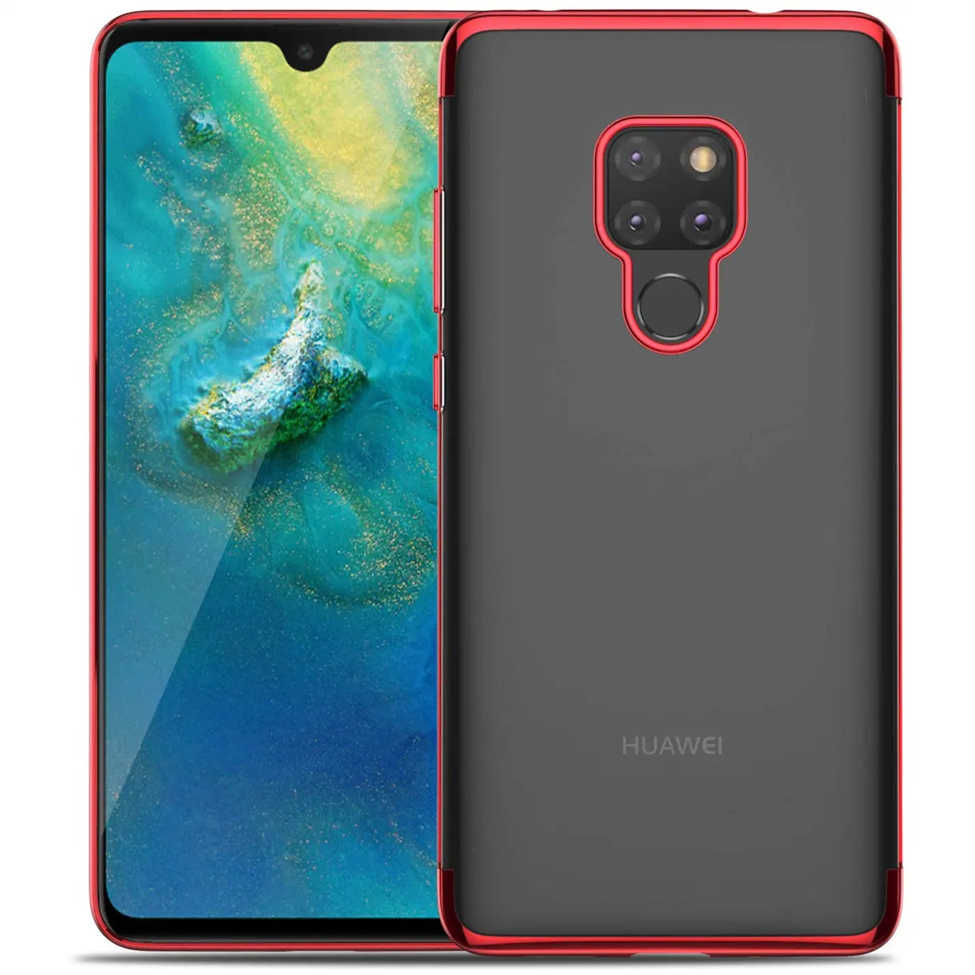 Huawei Mate 20 mit roter Hülle, klare Rückseite, von vorne und hinten gezeigt.