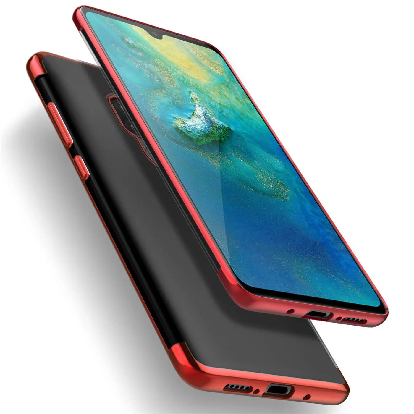 Huawei Mate 20 mit roter Hülle, klare Rückseite, von schräg oben fotografiert.