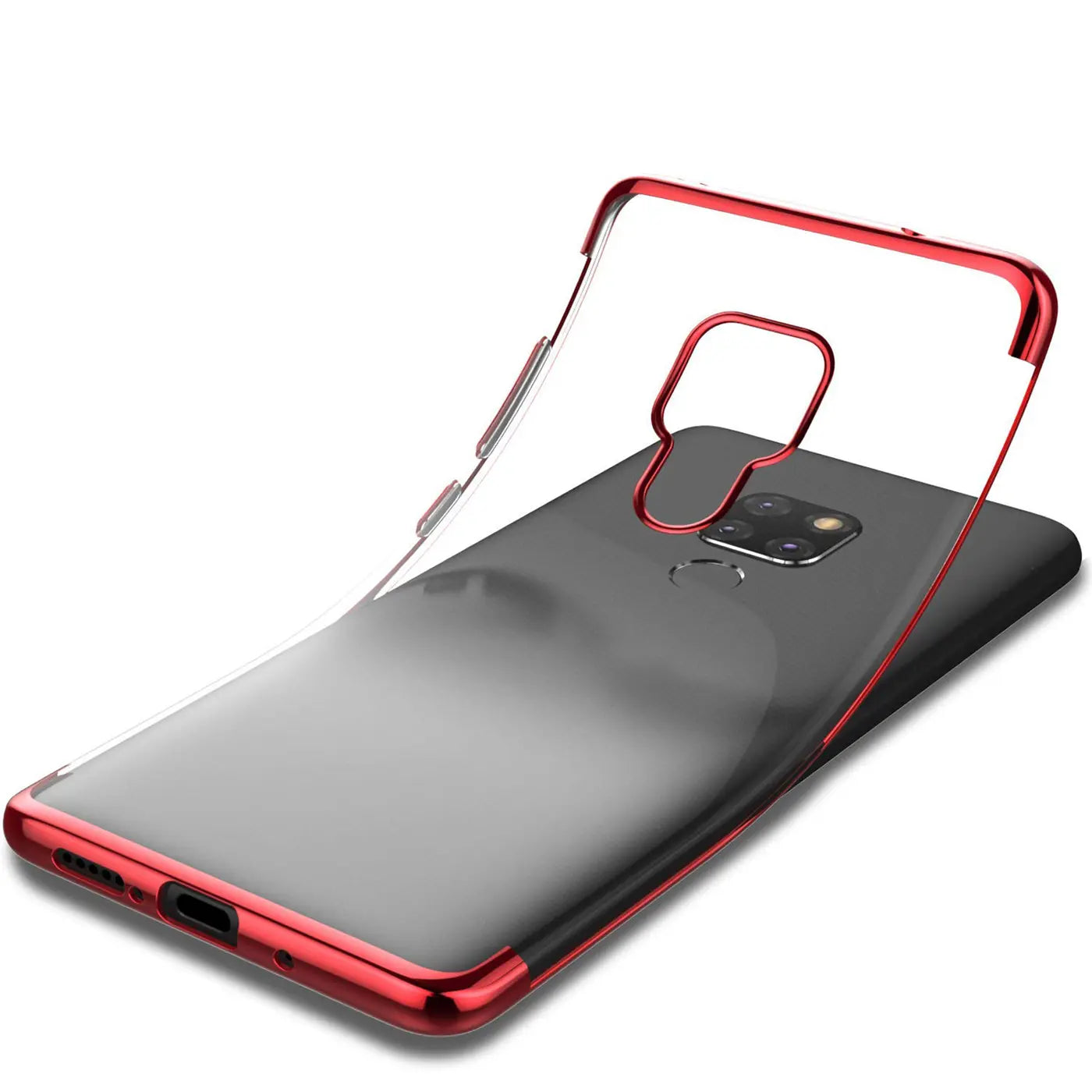 Transparente Hülle mit rotem Rand für Huawei Mate 20, von hinten, aus Kunststoff.