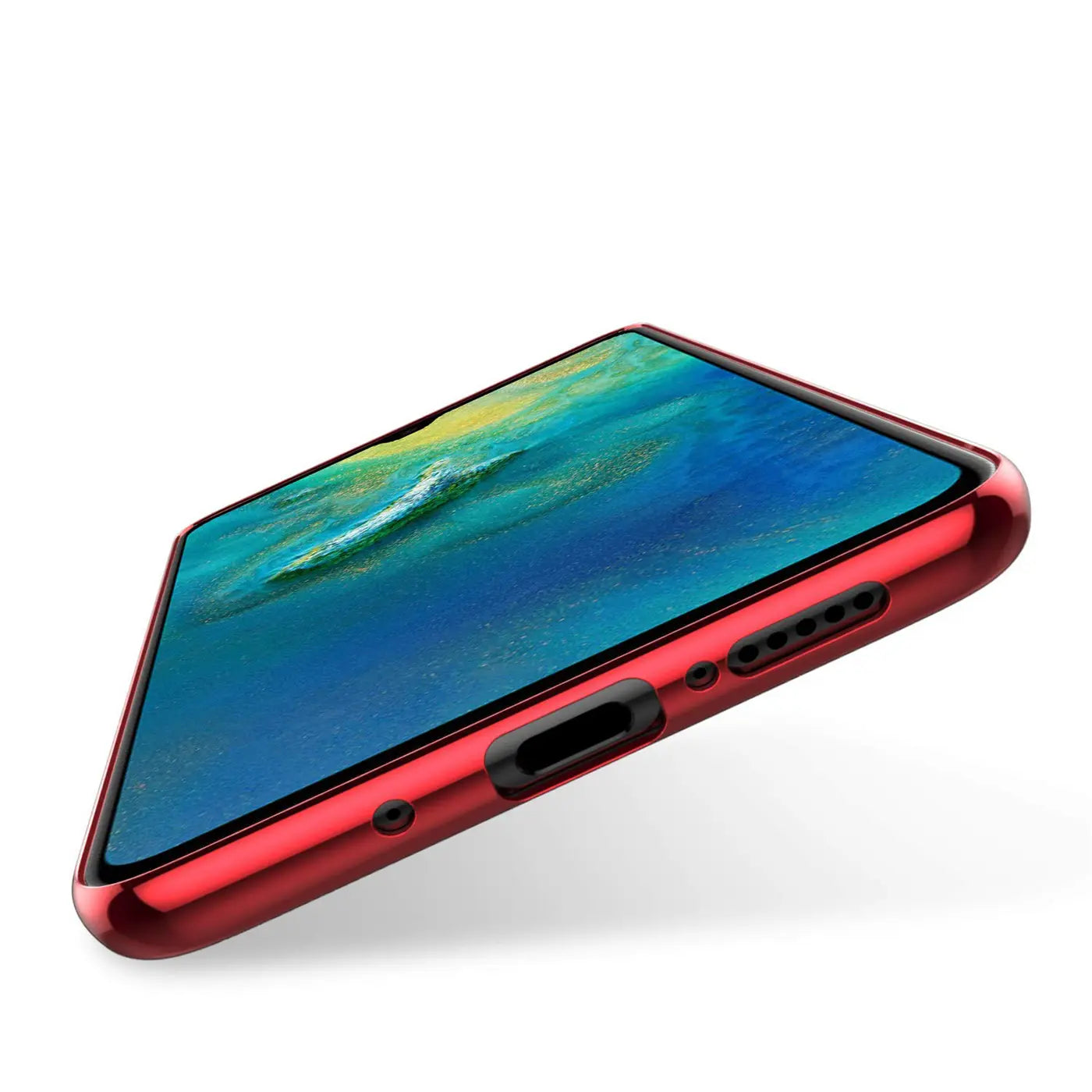 Rote Hülle mit klarem Rückenteil für Huawei Mate 20, von schräg unten gesehen.