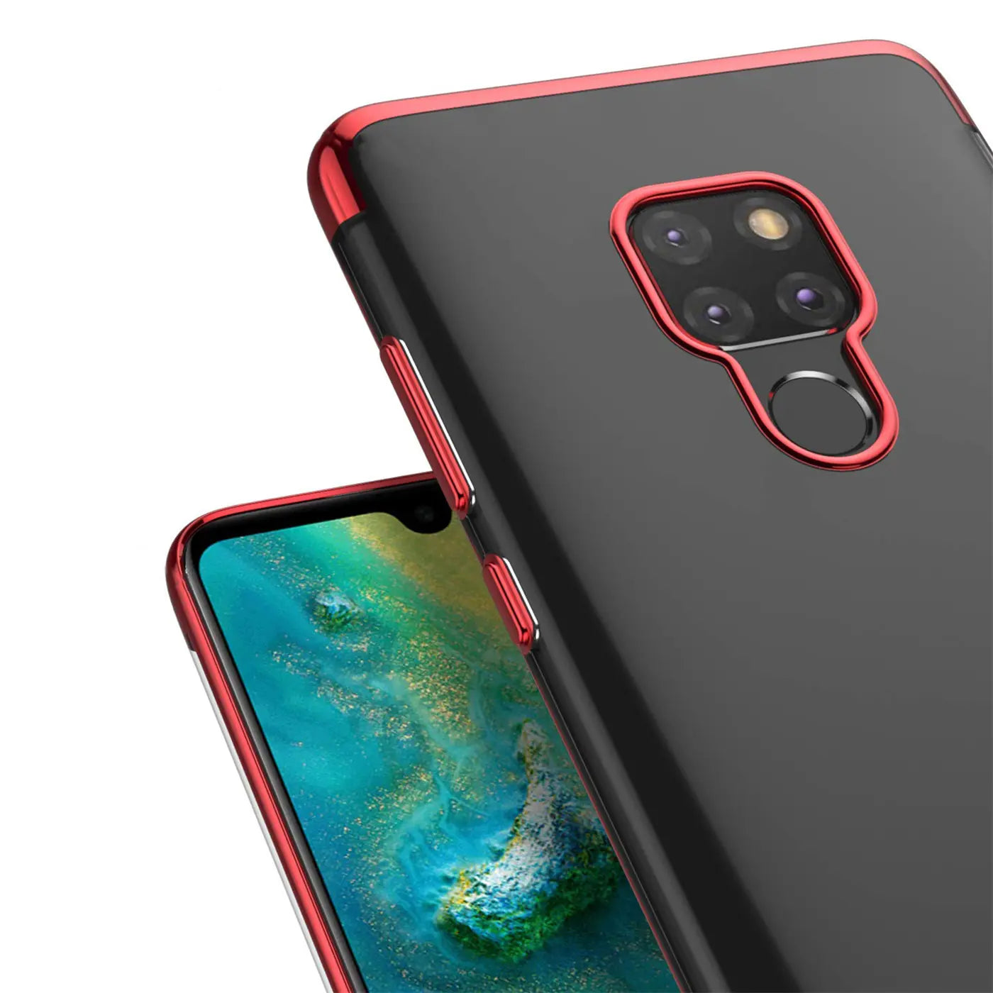 Huawei Mate 20 Hülle, schwarz/transparent, Metallrand rot, von schräg oben