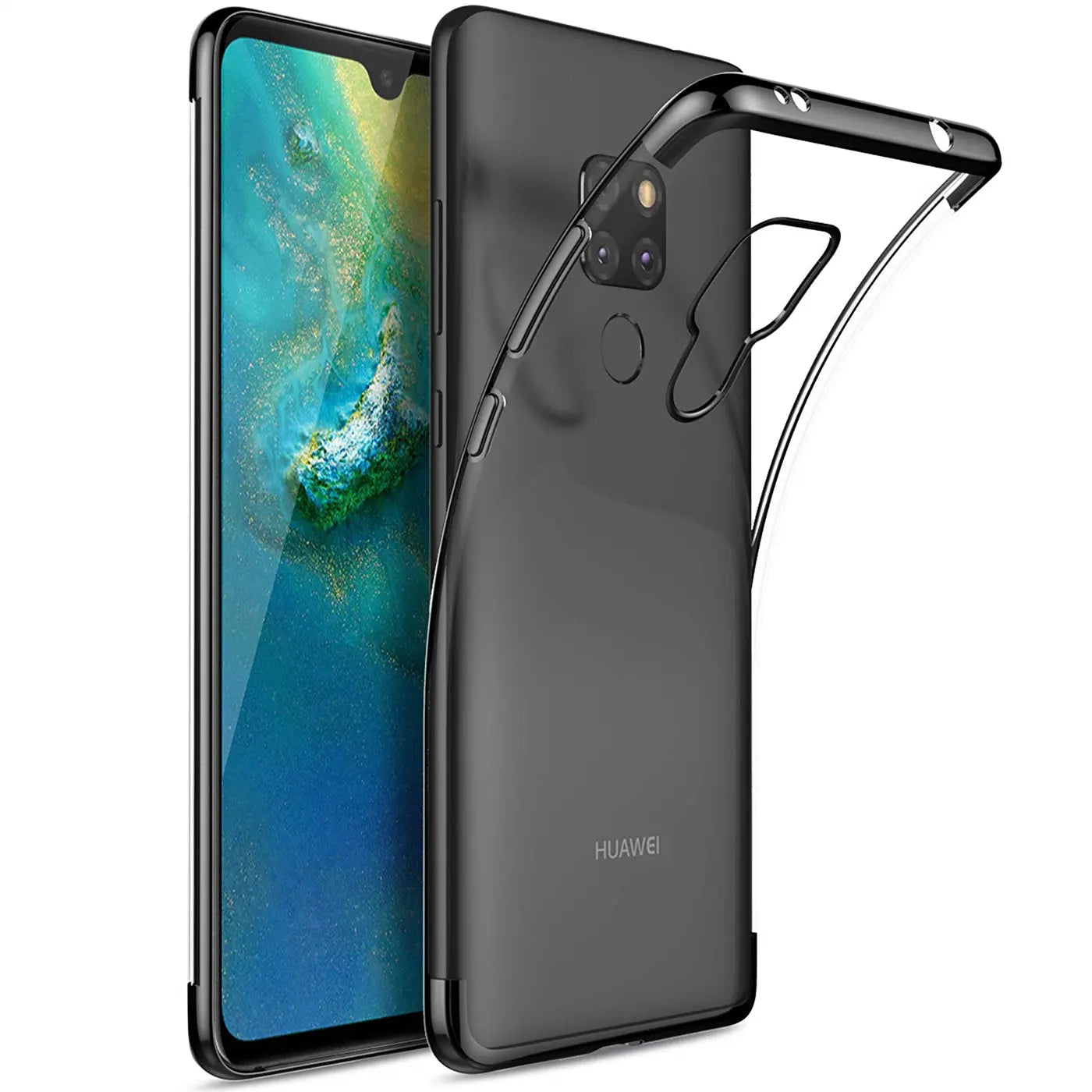 Graue TPU-Hülle mit transparentem Rand für Huawei Mate 20, von schräg hinten gezeigt.