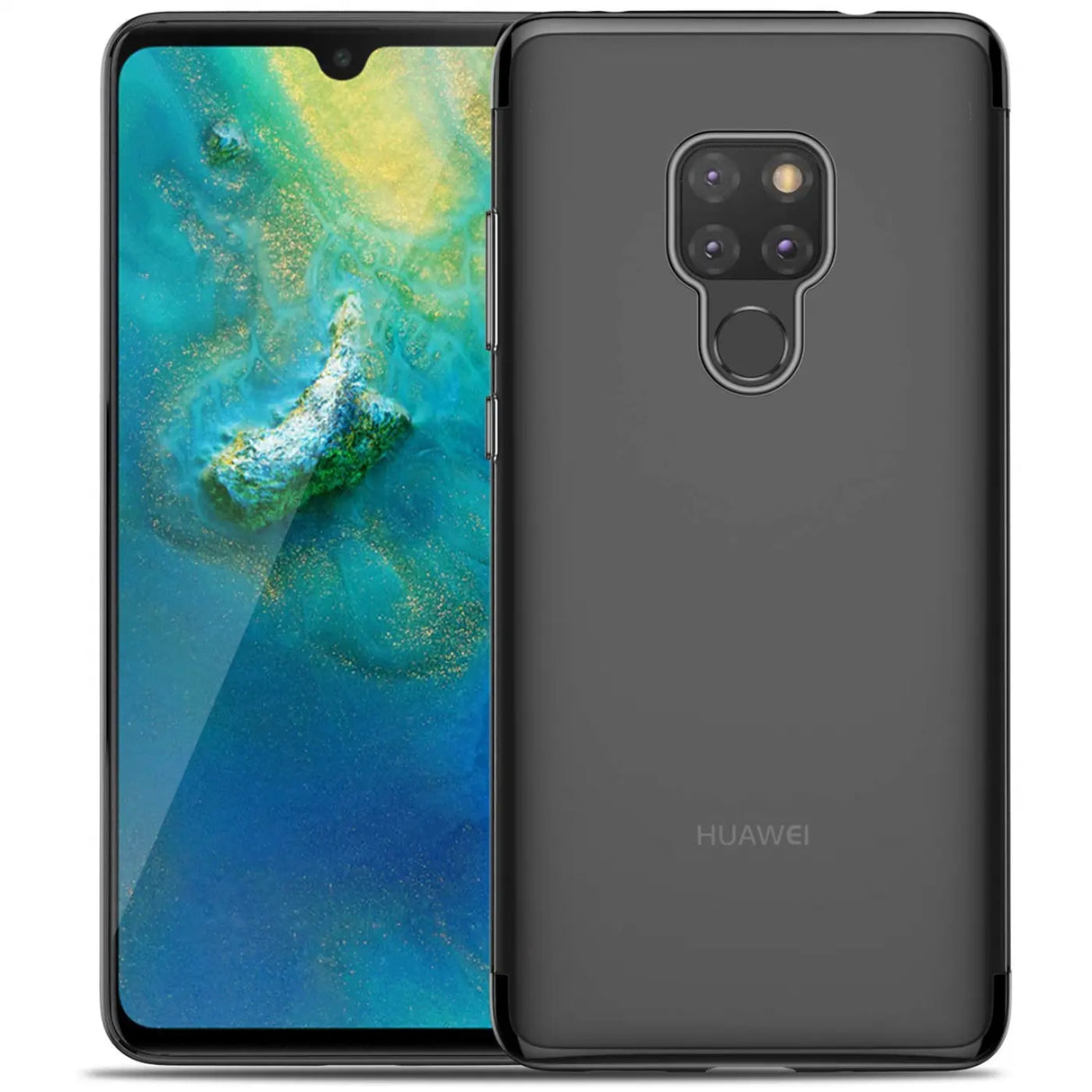 Transparente Handyhülle für Huawei Mate 20 mit farblichen Akzenten in Schwarz, Rot, Blau oder Roségold.
