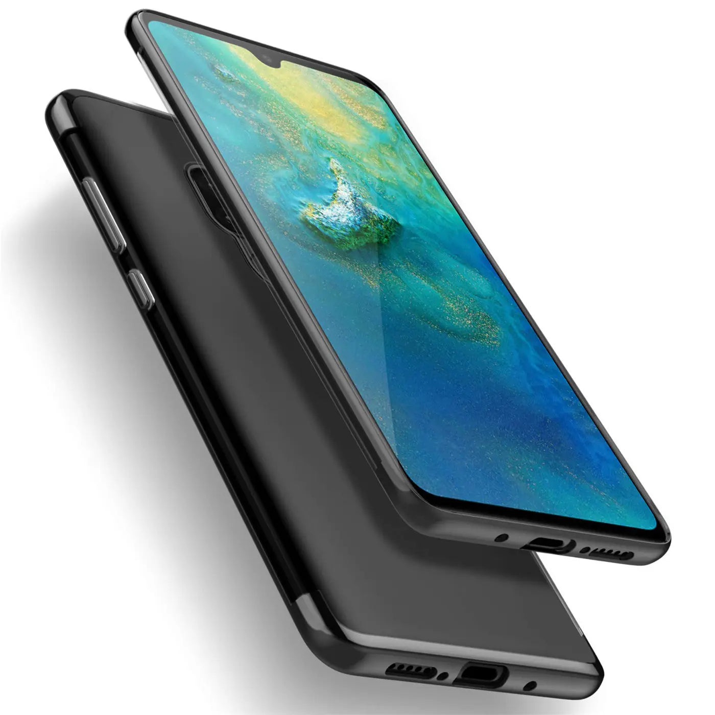 Schwarze, transparente Hülle aus Kunststoff für Huawei Mate 20, von schräg oben fotografiert.