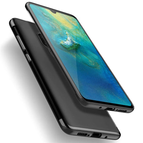 Transparente Handyhülle für Huawei Mate 20 mit farblichen Akzenten in Schwarz, Rot, Blau oder Roségold.