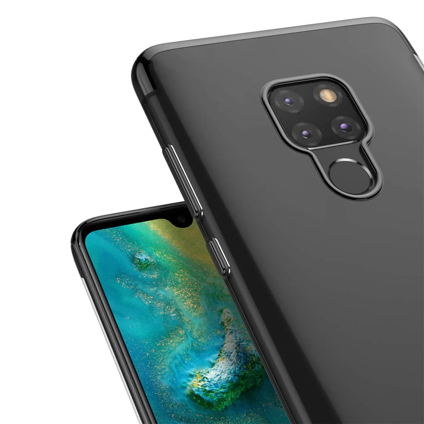 Huawei Mate 20 mit schwarzer Hülle, von schräg oben, transparente Rückseite, schwarzer Rand