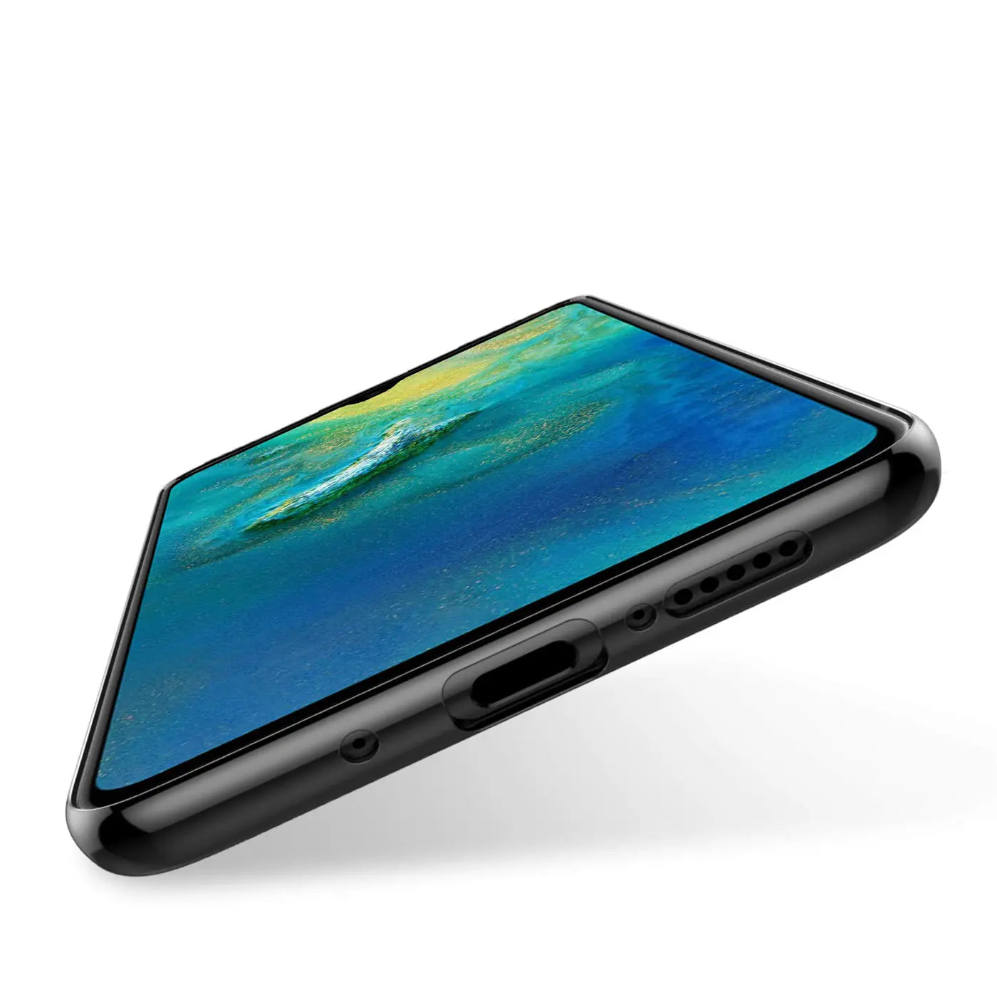 Huawei Mate 20 mit schwarzer Hülle, von schräg unten, klare Hülle mit Farbrand.