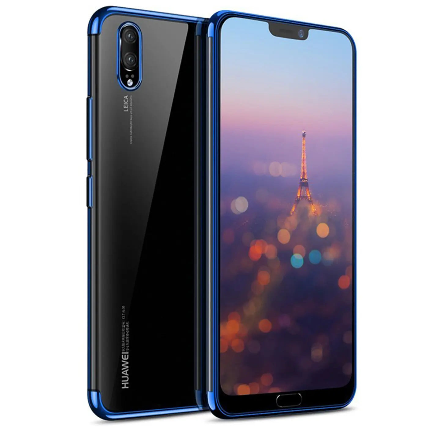 Huawei P20 mit blauer Hülle, klare Rückseite, von vorne und hinten gezeigt.