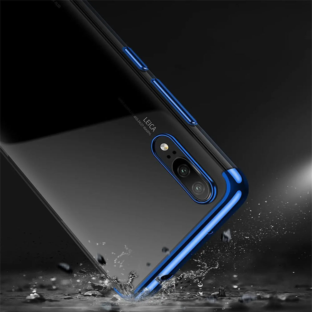 Transparente Handyhülle für Huawei P20 mit farblichen Akzenten in Schwarz, Rot, Blau oder Roségold.