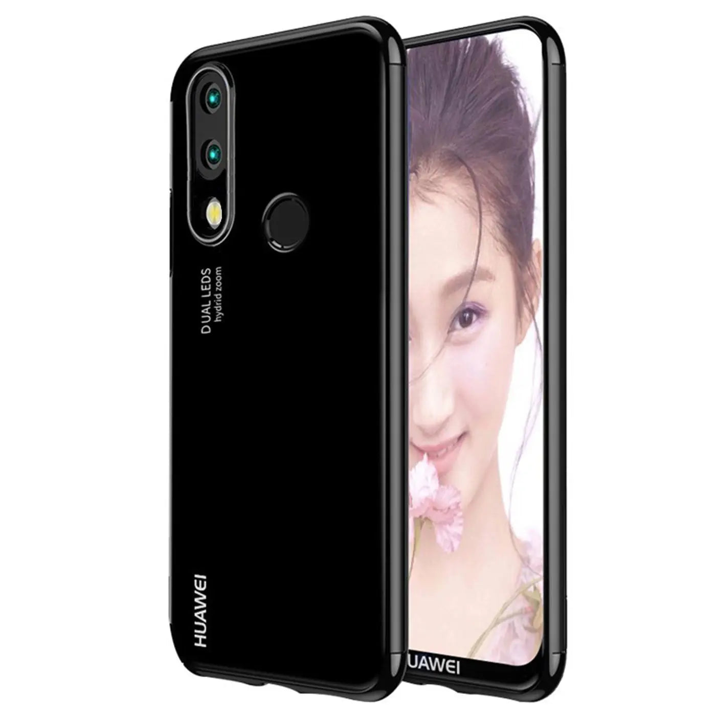 Schwarze Hülle mit Farbrand, von schräg vorne, auf Huawei P20 Lite
