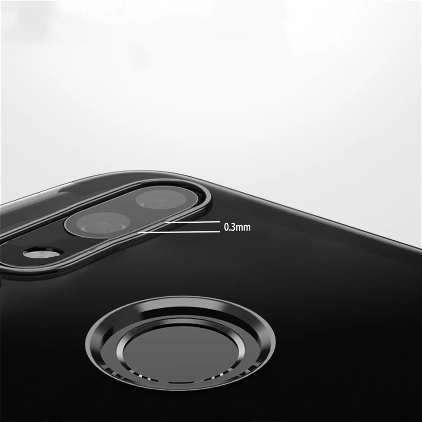Huawei P20 Lite: Klare Hülle, schwarzer Rand, Nahaufnahme Rückseite, Kamera, Fingerabdrucksensor