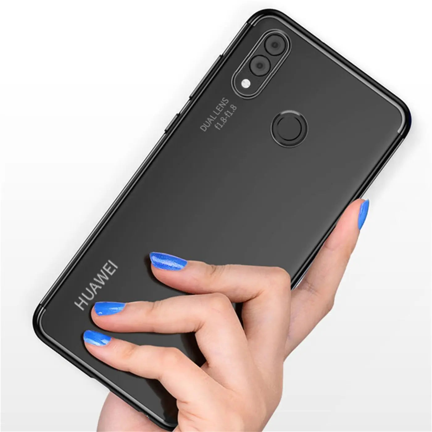 Schwarze Huawei P20 Lite Hülle, klare Rückseite mit farbigem Rand, von hinten gezeigt.
