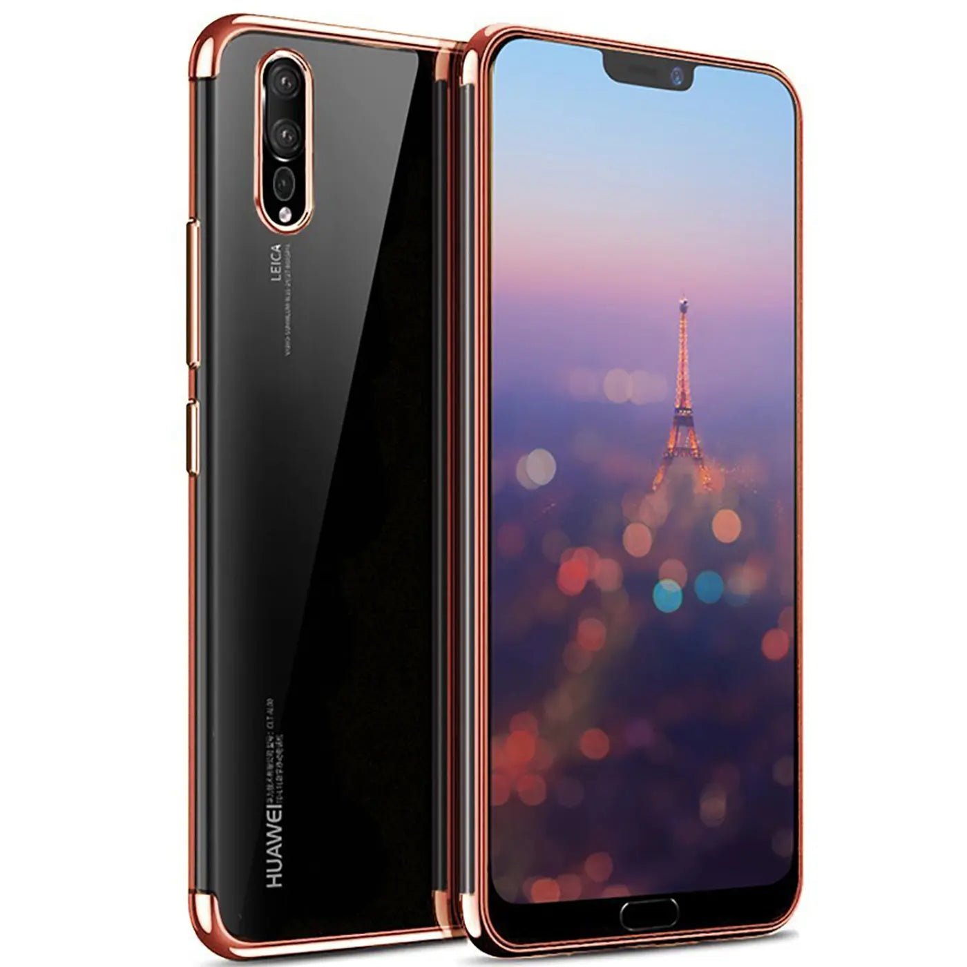 Huawei P20 mit klarer Hülle, roségoldener Rand, von vorne und hinten gezeigt.
