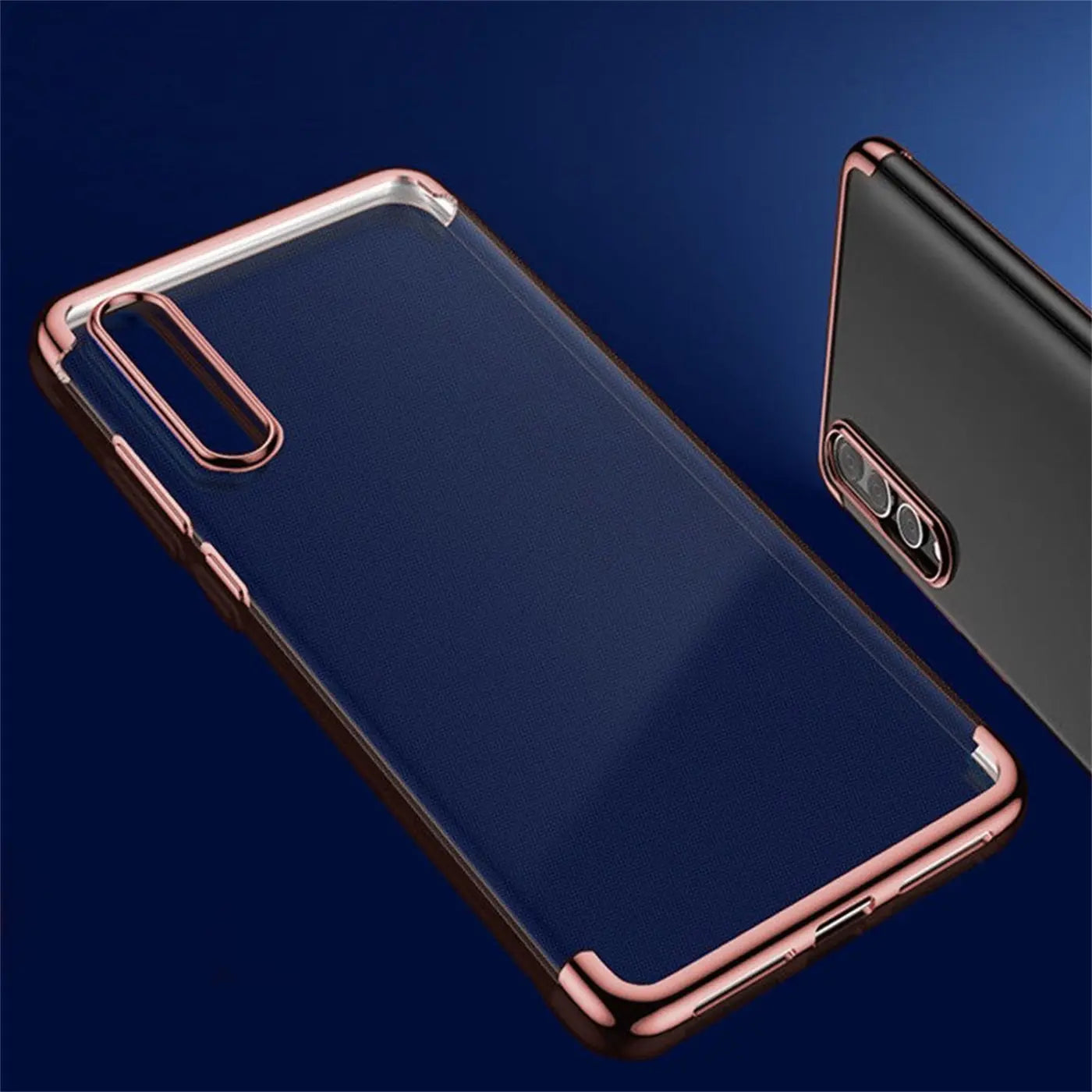 Transparente Hülle mit roségoldenem Rand für Huawei P20, von oben links gesehen.
