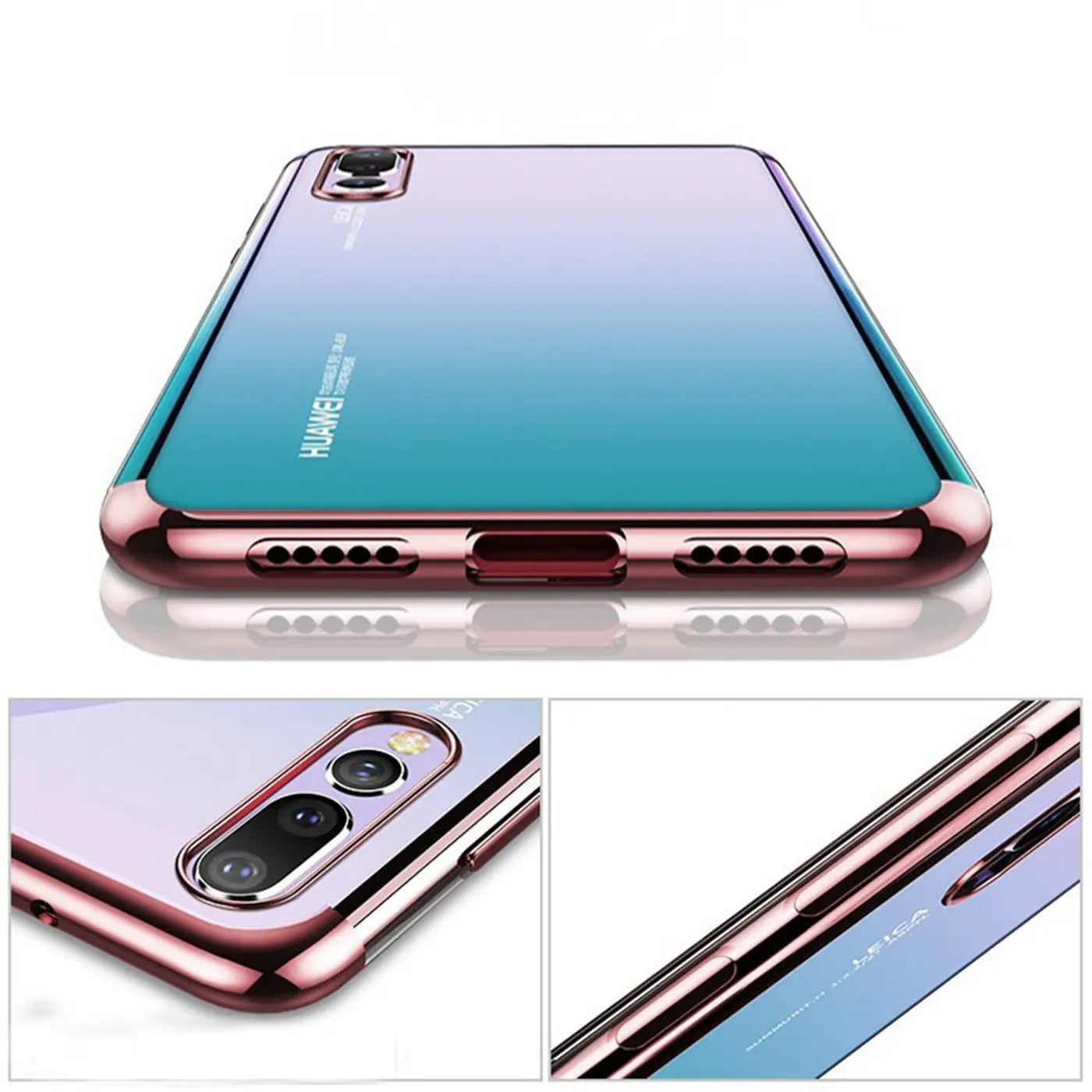 Huawei P20 Hülle, transparent, rosé/türkis Farbverlauf, Metallrand, von oben