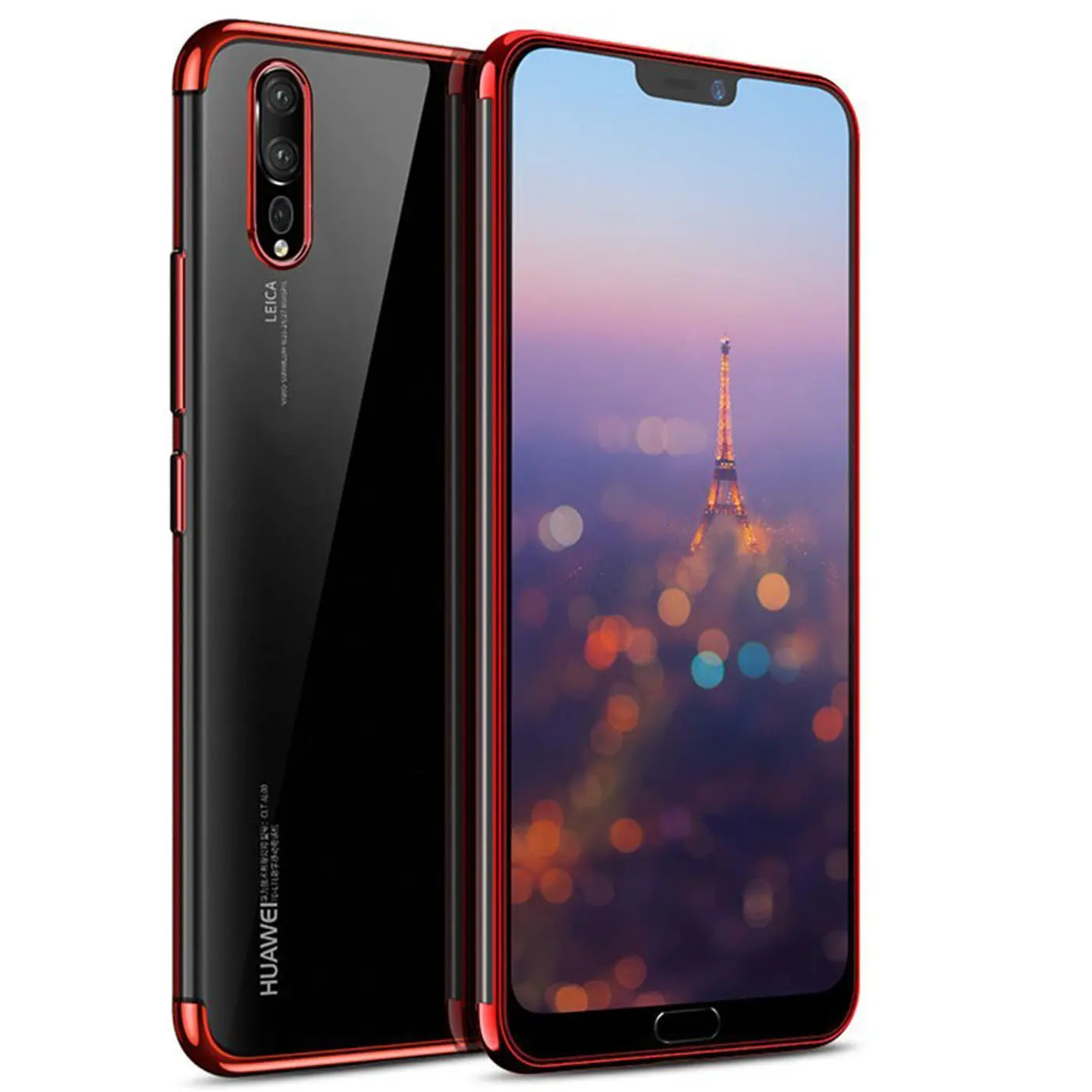Huawei P20 mit rotem Rahmen, klare Hülle, von vorne und hinten gezeigt