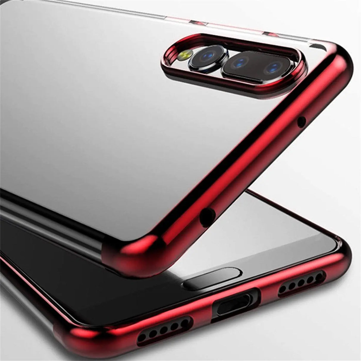 Transparente Handyhülle für Huawei P20 mit farblichen Akzenten in Schwarz, Rot, Blau oder Roségold.